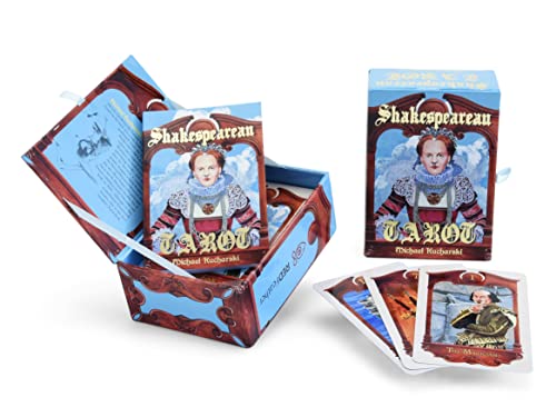 Shakespearean Tarot deck in a blue box with a portrait of Queen Elizabeth I.