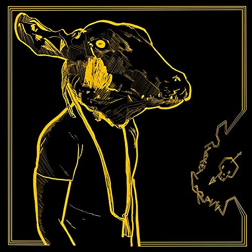 The image is a yellow line drawing of a goat-like figure on a black background. Alt text: Yellow goat-like figure illustration on black background with double-lined border.
