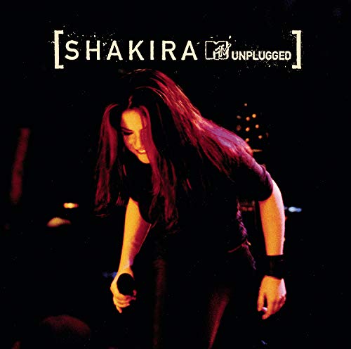 Shakira singing into a microphone on the "MTV Unplugged" album cover.