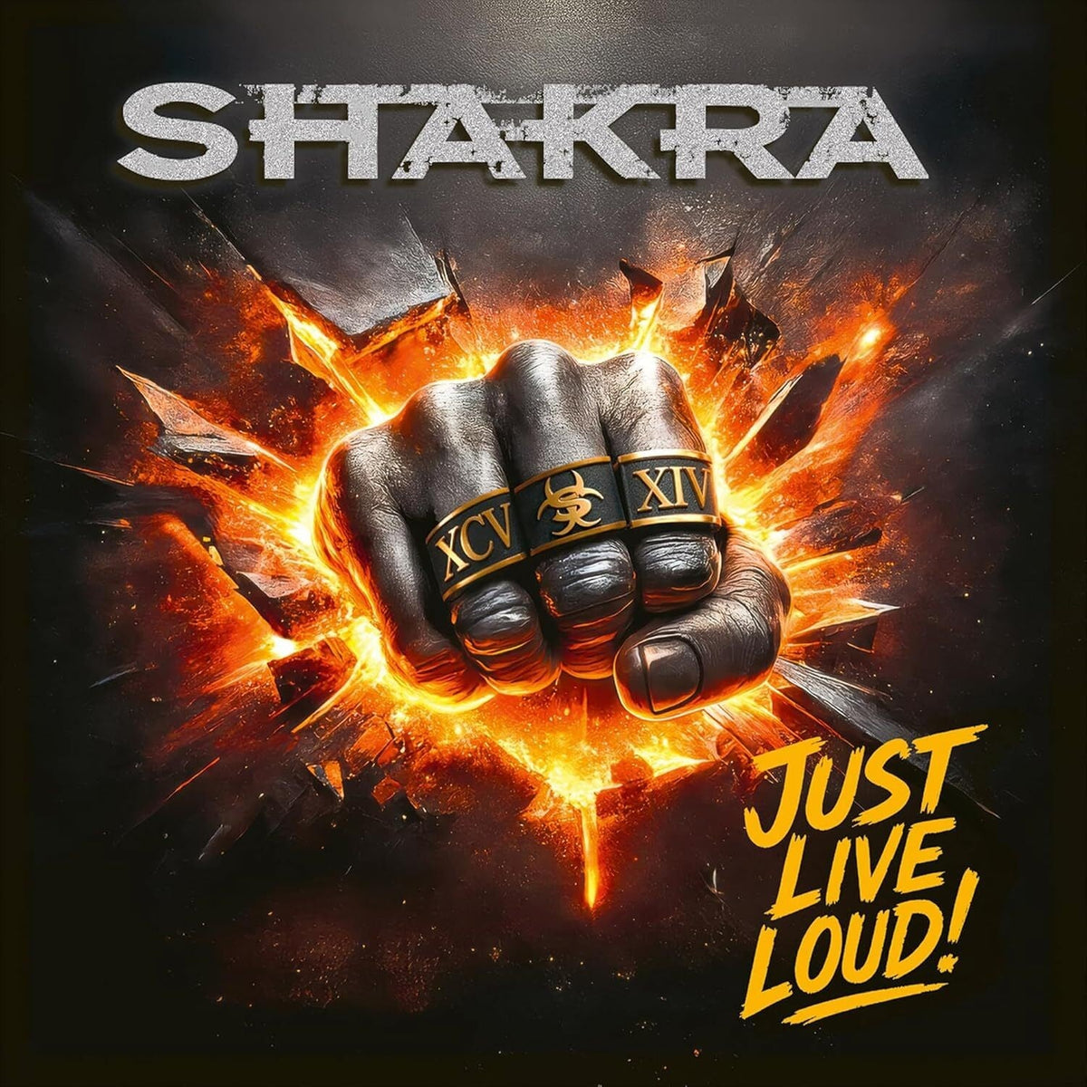 Shakra album cover: a fist breaking through a dark, fiery background.