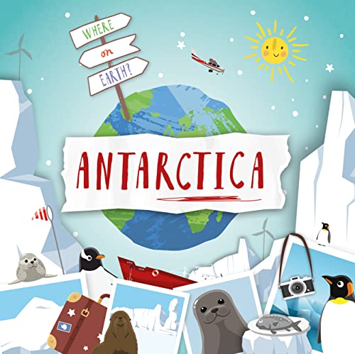 Book cover for "Antarctica" with globe, animals, and travel imagery.