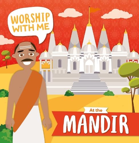 Illustration of a man and ornate Hindu temple with a red background.