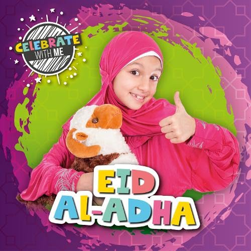 Girl in hijab with a stuffed sheep, celebrating Eid al-Adha.