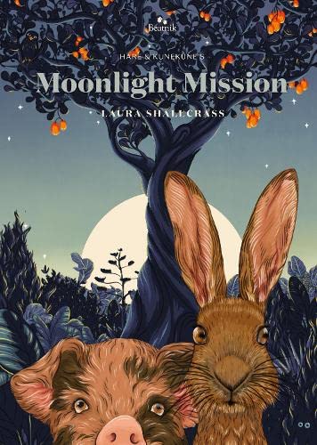 Book cover: rabbit and pig under a tree, with a full moon.