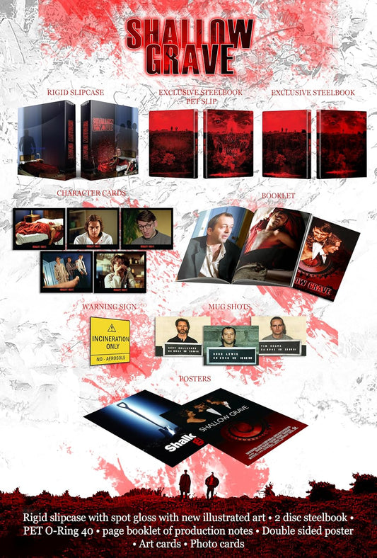 Shallow Grave" collector's edition packaging with steelbook, cards, booklet, and posters.
