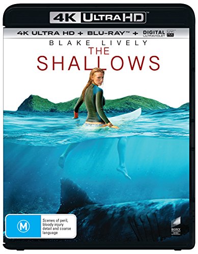 The Shallows" DVD cover featuring Blake Lively in the ocean with a shark.