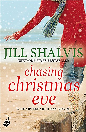 Book cover: woman in red sweater on a beach, snowy effect.
