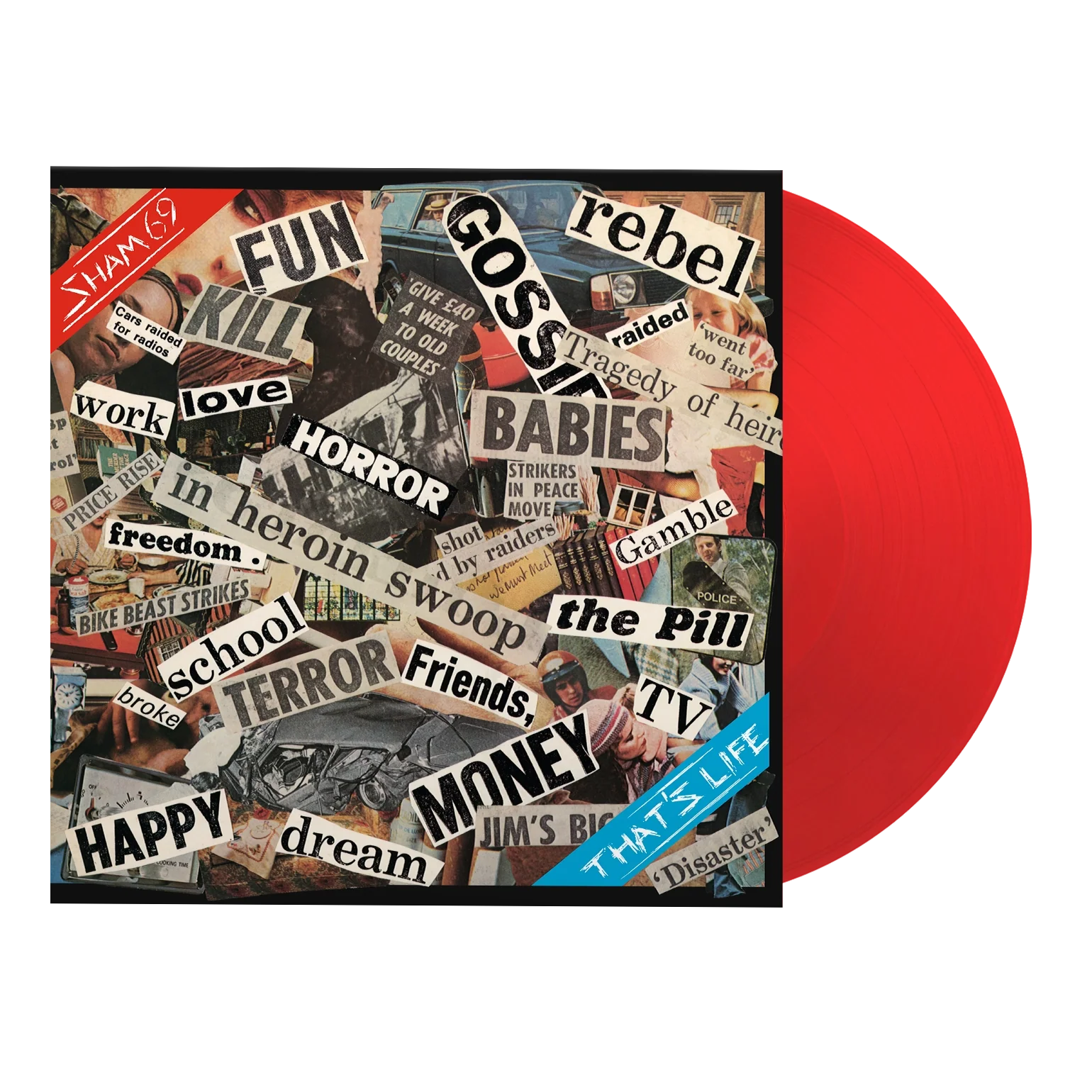 Sham 69 That's Life album cover featuring a collage of headlines and red vinyl.
