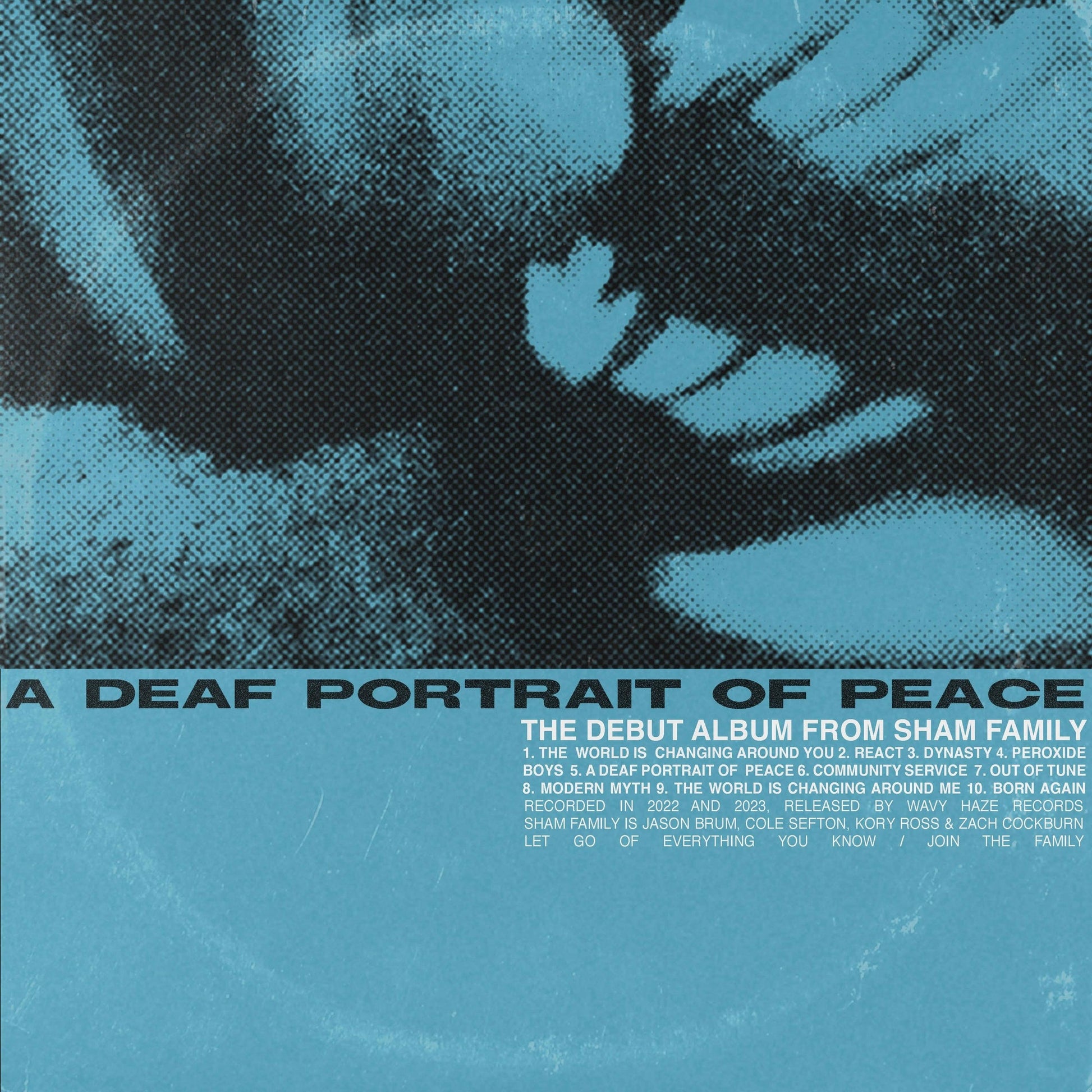 Vinyl cover with blue halftone graphic, band name, and tracklist on a blue background.