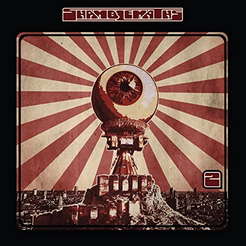 CD cover: Eye atop a structure over a city skyline, red background.