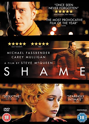 DVD cover for Shame featuring Michael Fassbender and Carey Mulligan with critical review quotes.