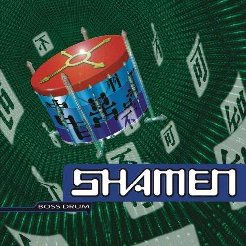 Album cover for Shamen’s “Boss Drum” featuring a red and blue drum.