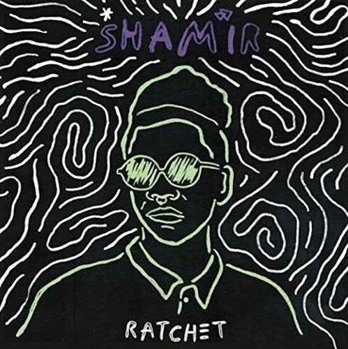 Line drawing of Shamir wearing sunglasses, with swirling background.
