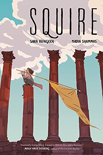 A girl sits atop a tall stone pillar holding a long yellow flag.