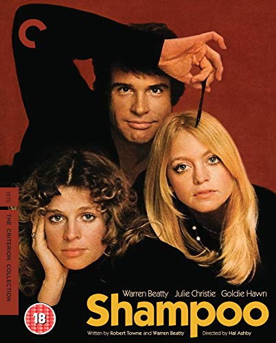 "Blu-ray cover of 'Shampoo' film, featuring Warren Beatty with Julie Christie and Goldie Hawn."