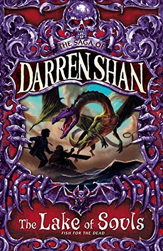 Book cover: dragon attacking figures near a dark lake, ornate purple frame.