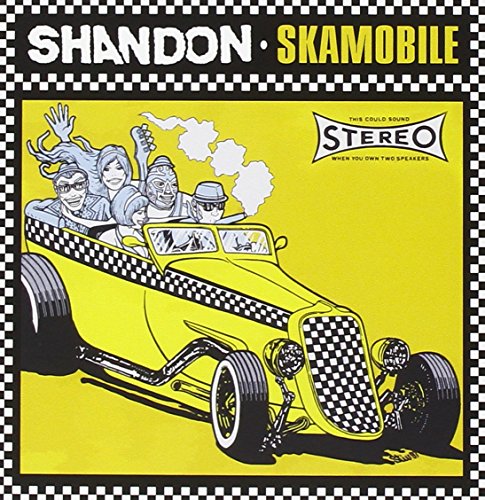 Yellow album cover with cartoon illustration of a car full of people.