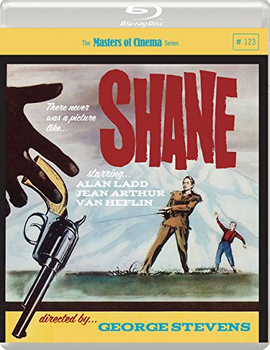 Shane Blu-ray cover featuring a hand holding a revolver, a man, and a boy.