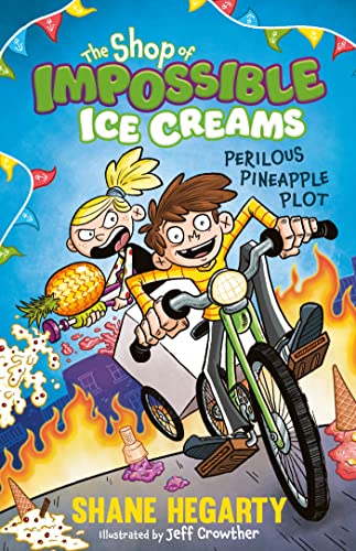A boy rides a cargo bike while a girl fires a pineapple-shaped water gun.