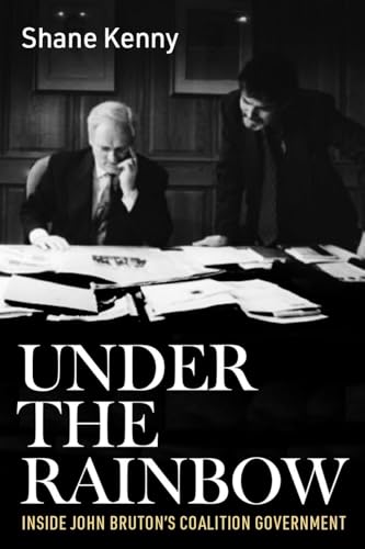 Book cover: black and white photo of men at a desk, title "Under the Rainbow".