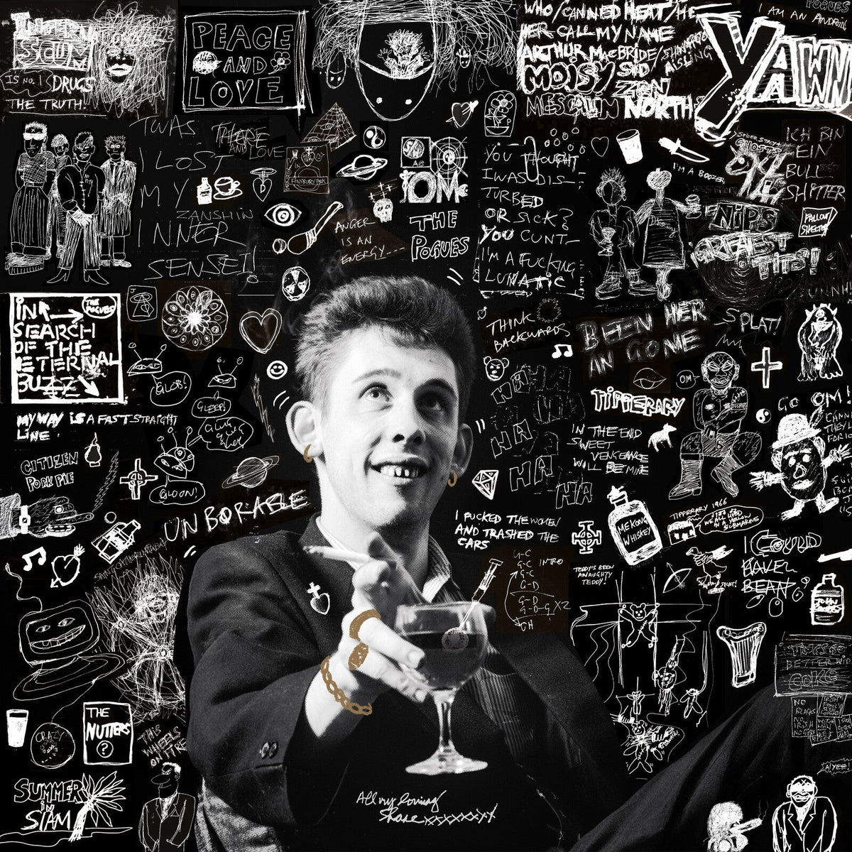 Shane MacGowan portrait with chaotic, hand-drawn collage background, vinyl record cover.