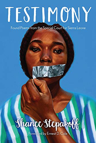Book cover: woman with taped mouth, titled "Testimony" by Shanee Stepakoff.