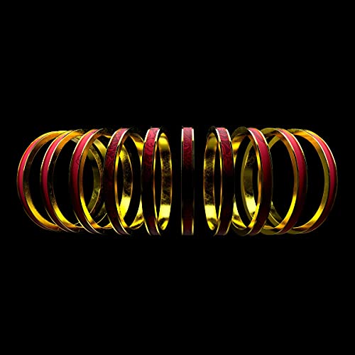 Ten golden rings with red detailing against a black background.