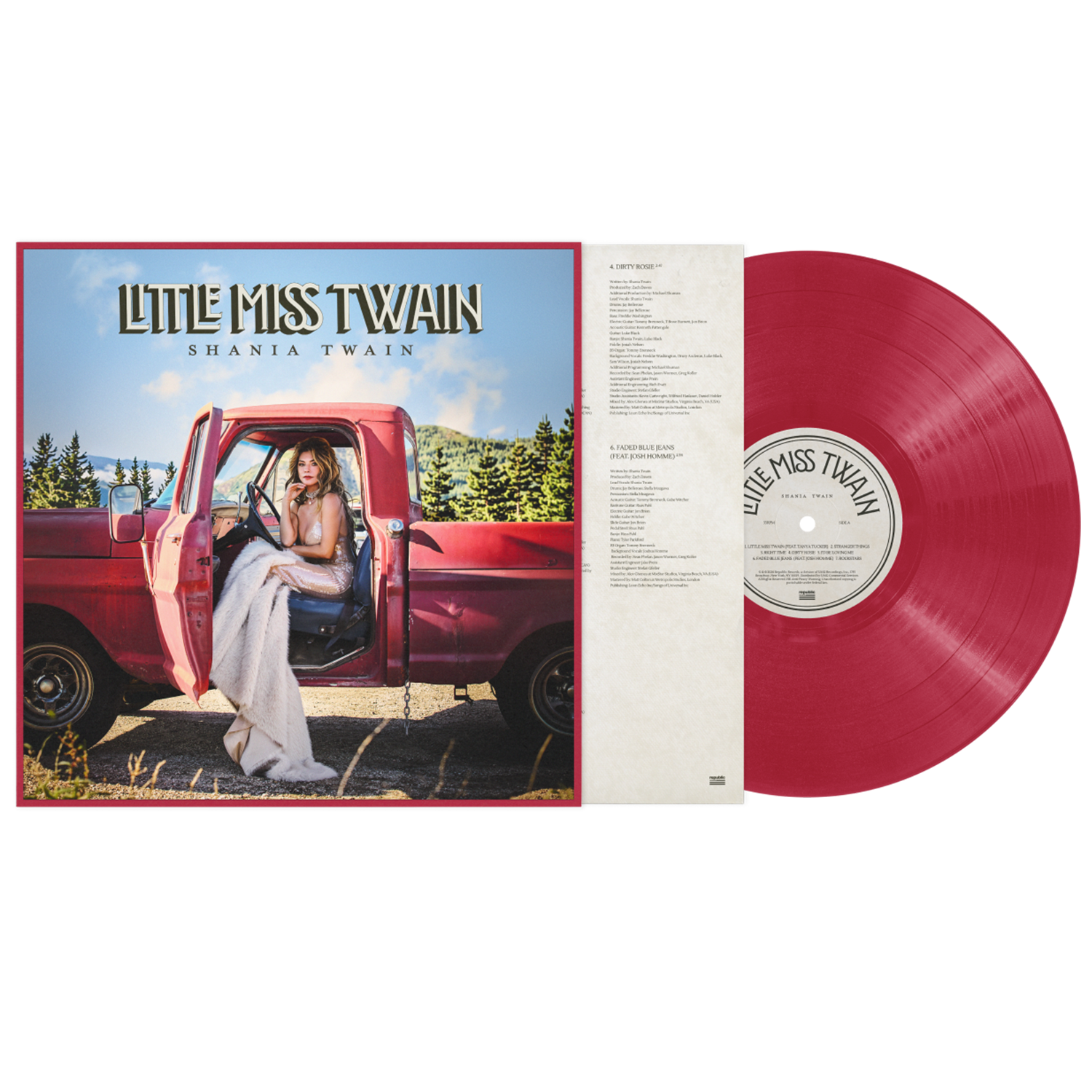 Shania Twain’s “Little Miss Twain” vinyl record, red cover and disc.