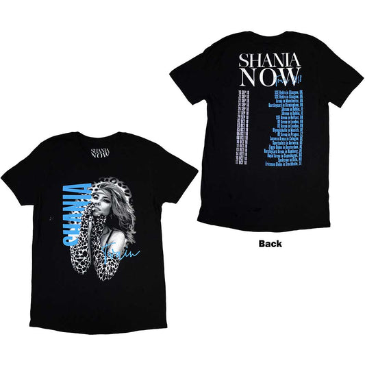 Black t-shirt with Shania Twain tour 2018 back print featuring gloved hands.