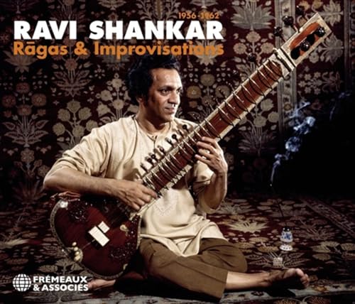 Ravi Shankar seated, playing a sitar, album cover for "Ragas & Improvisations.