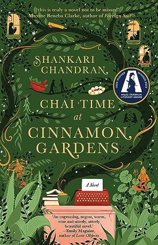 Book cover for Chai Time at Cinnamon Gardens featuring dark green foliage and illustrations.