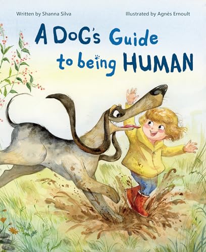 Book cover: dog and child playing in muddy field, illustrated style.