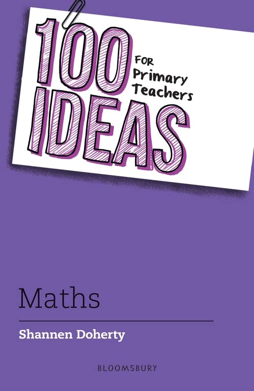 Book cover titled 100 Ideas for Primary Teachers Maths by Shannen Doherty on purple background.