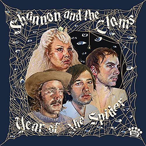 Painted portrait of four people with a spiderweb and eyes background.