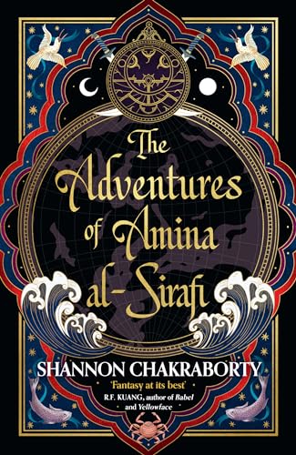 Book cover with ornate gold design, title “The Adventures of Amina al-Sirafi.”
