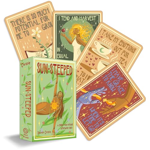 Colorful affirmation card deck with illustrated figures and golden accents.
