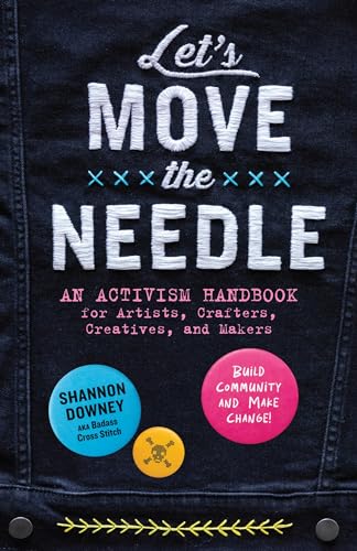Book cover with embroidered text, buttons, and a denim jacket background.