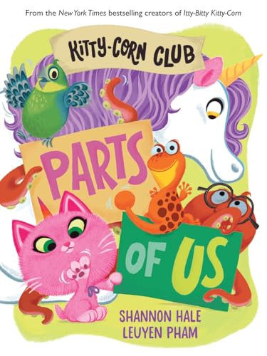 Colorful cartoon animals and the book title "Kitty-Corn Club: Parts of Us".
