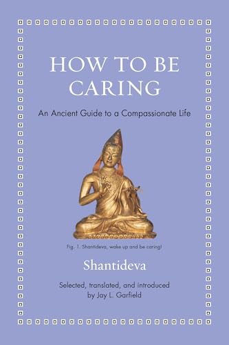Book cover with a gold statue of Shantideva on a light purple background.