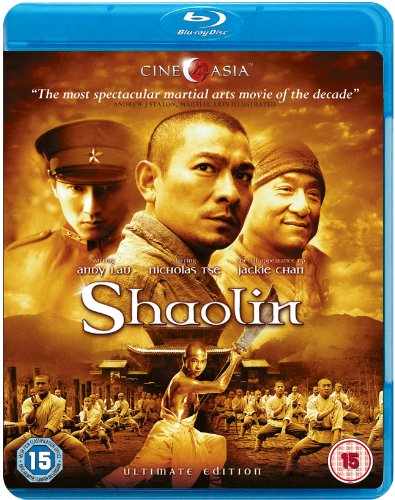 Shaolin Blu-ray cover featuring three men and martial arts imagery.