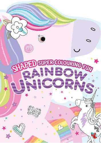 Unicorn head with rainbow mane, colouring book title "Rainbow Unicorns".