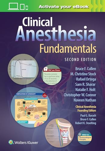 Book cover for “Clinical Anesthesia Fundamentals,” second edition, with medical diagrams.