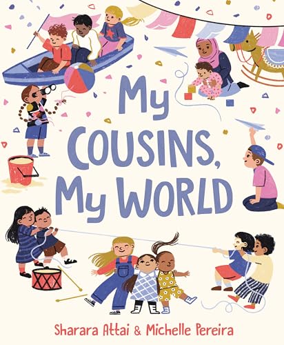 Book cover illustration showing diverse children playing together with toys and a paper plane.