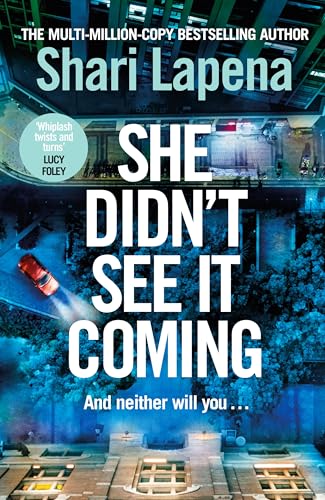 Book cover: “She Didn’t See It Coming” with a red car and snowy scene.