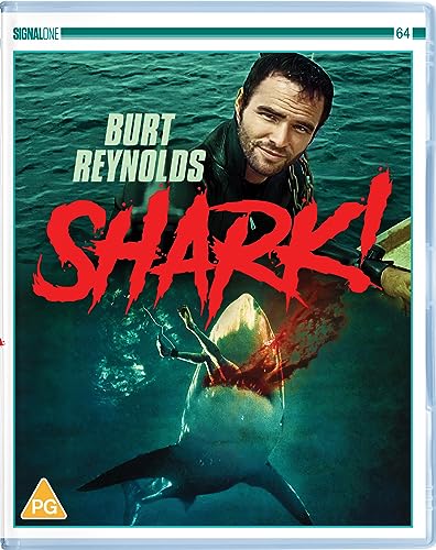 Blu-ray cover for "Shark!" featuring Burt Reynolds and a great white shark.