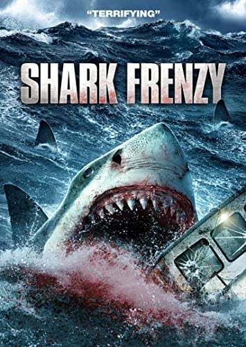 Shark Frenzy" DVD cover featuring a great white shark with open jaws.