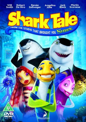 Shark Tale" DVD cover featuring animated sharks and colorful fish characters.