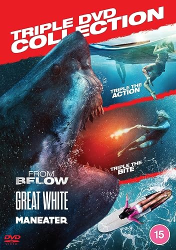 DVD cover featuring a large shark with open jaws and people swimming in water.