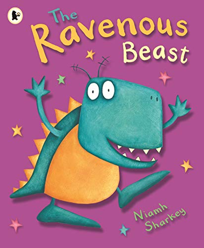 A teal cartoon monster with an orange belly on a purple background with stars.