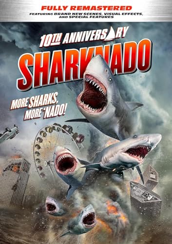 Sharknado" 10th Anniversary DVD cover with sharks attacking a city.